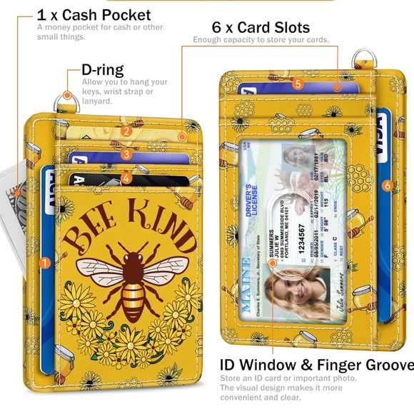 Bright Yellow Phone Wallet with Bee Design and Card Slots - Picture 1 of 4
